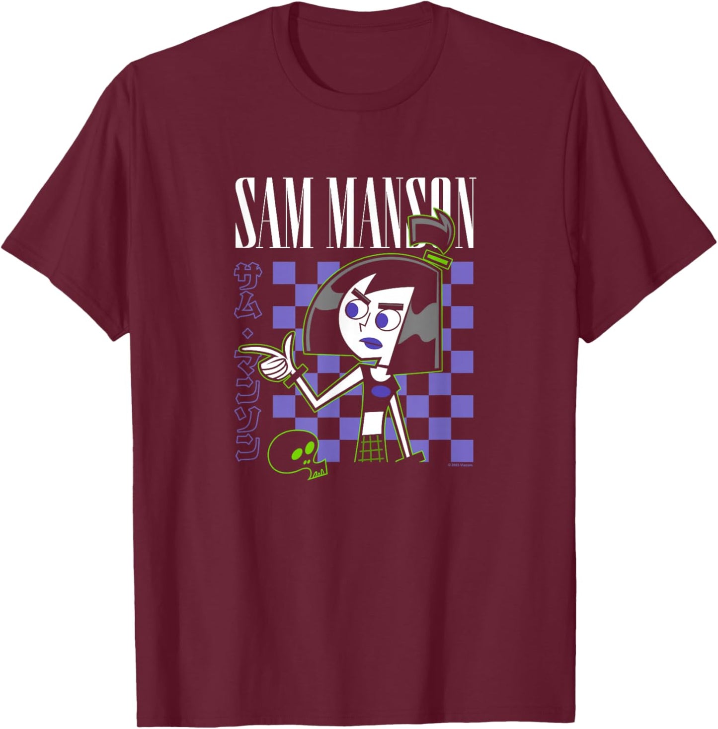 Danny Phantom Sam Manson Retro Kanji Checkerboard Portrait T-Shirt - T-Shirt | Maroon
