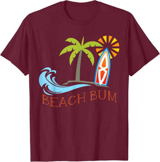 Beach Bum Surfboard Waves Tan Water Ocean Sea Nautical T-Shirt - T-Shirt | Maroon