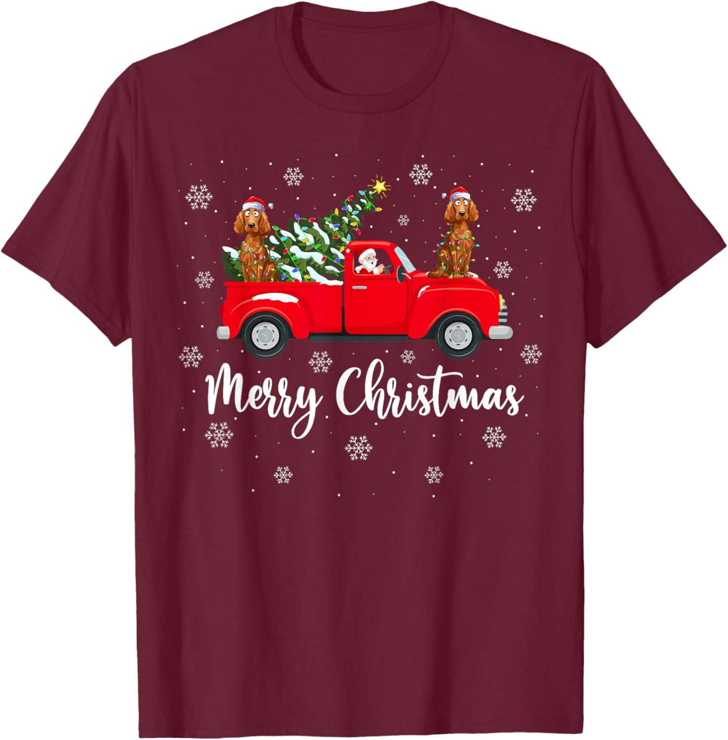Santa Claus Riding Red Truck Irish Setter Dog Christmas T-Shirt - T-Shirt | Maroon