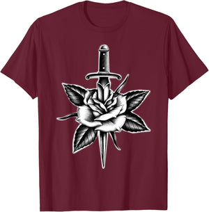 Rose and Dagger American Traditional Tattoo T-Shirt - T-Shirt | Maroon