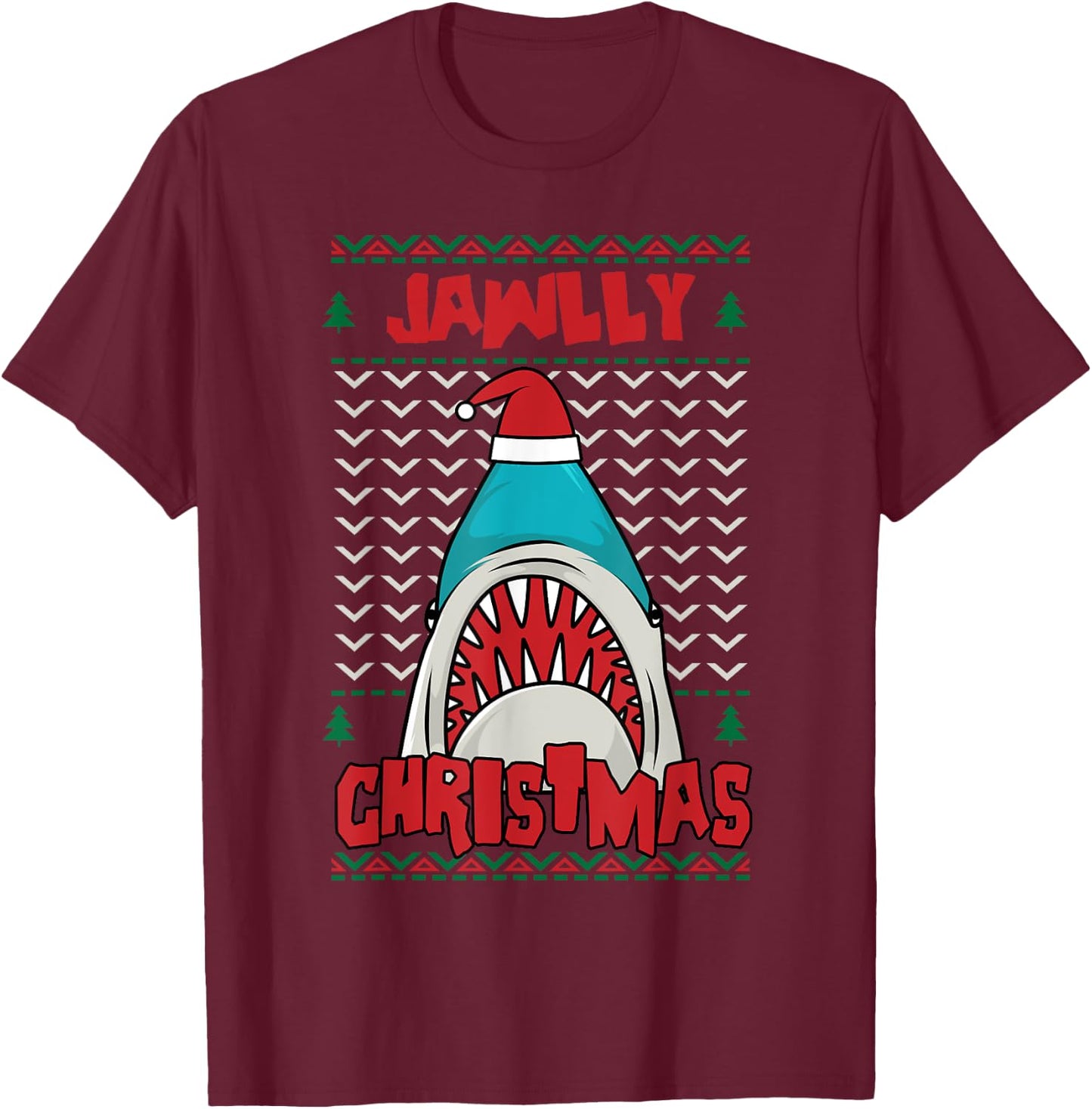 Jawlly X-mas Funny Shark Jaw Santa Ugly Christmas Jolly Pun T-Shirt - T-Shirt | Maroon