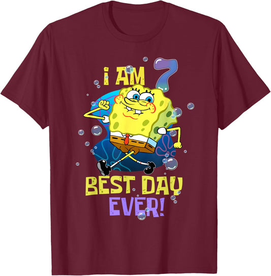 Mademark x SpongeBob SquarePants - Spongebob I Am 7 Best Day Ever 7th Birthday Kids Spongebob T-Shirt - T-Shirt | Maroon