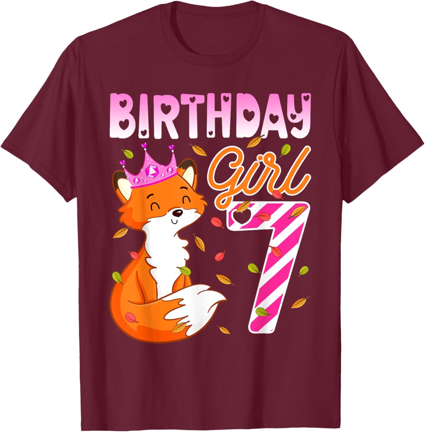 Fox Animal Lovers 7th Birthday Girl Fox B-day 7 year old T-Shirt - T-Shirt | Maroon