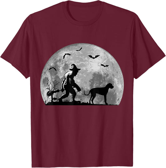 Bigfoot Walking Great Dane Dog Sasquatch Halloween T-Shirt - T-Shirt | Maroon