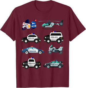 Police Vehicles for Kids Men Women Cop Cars Boys Toddler T-Shirt - T-Shirt | Maroon