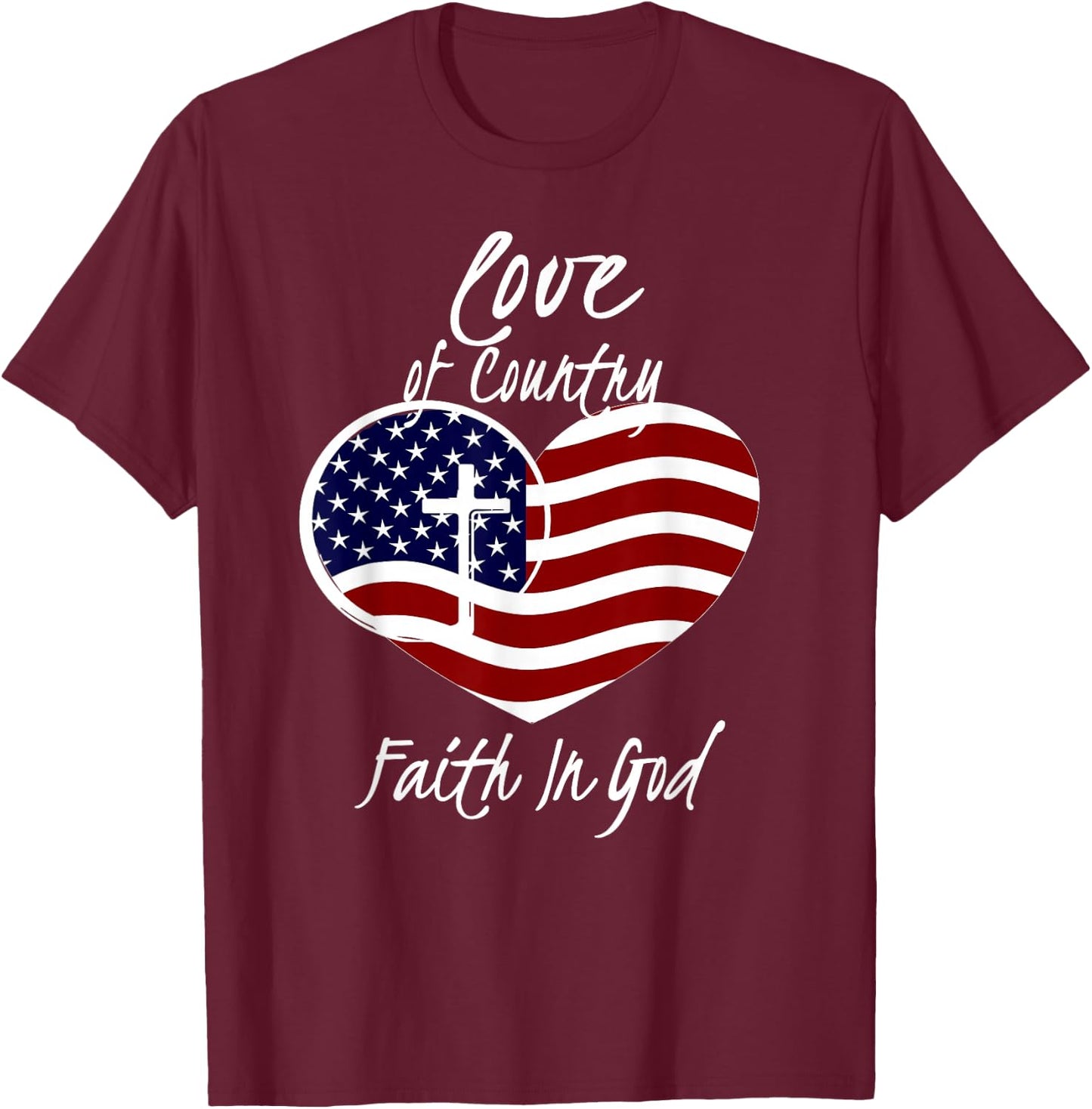 Patriotic Christian Faith in God Heart Cross American Flag Small T-Shirt - T-Shirt | Maroon