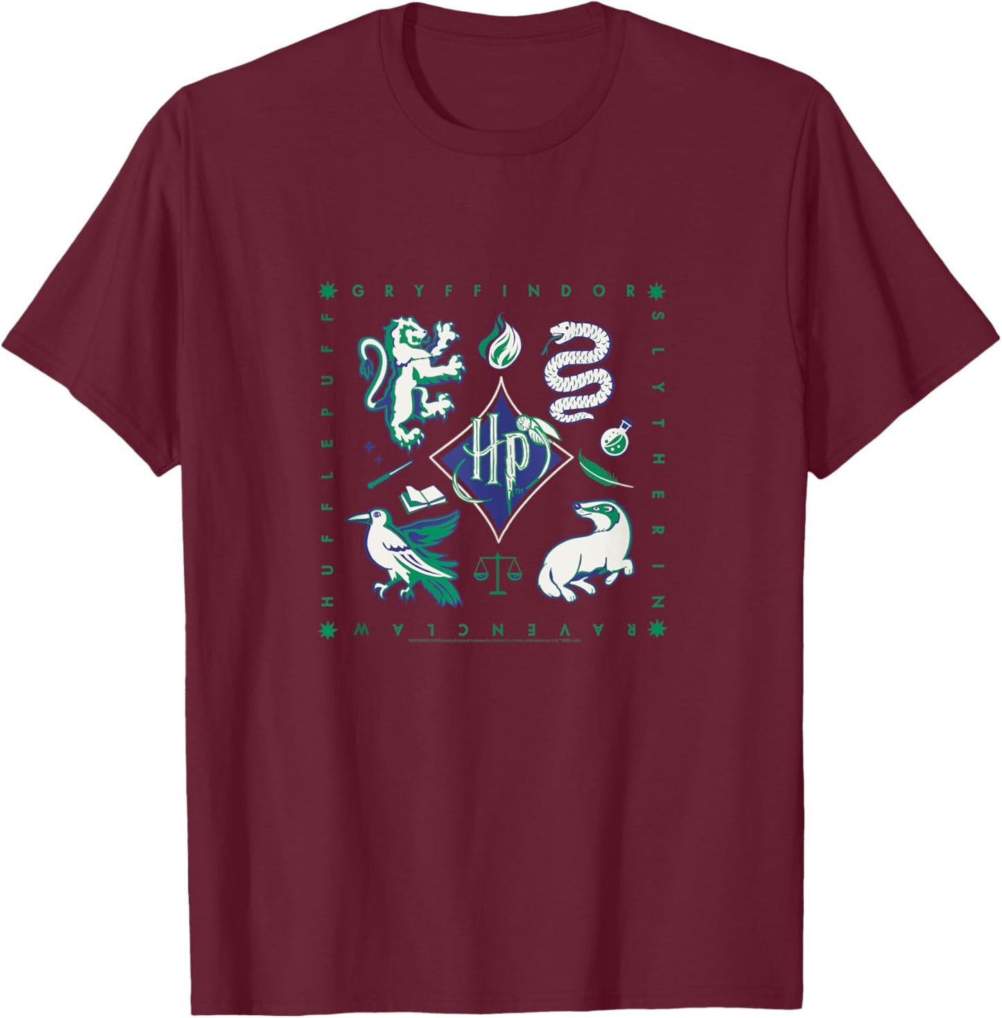 Amazon Essentials Harry Potter Hogwarts Houses Square T-Shirt - T-Shirt | Maroon