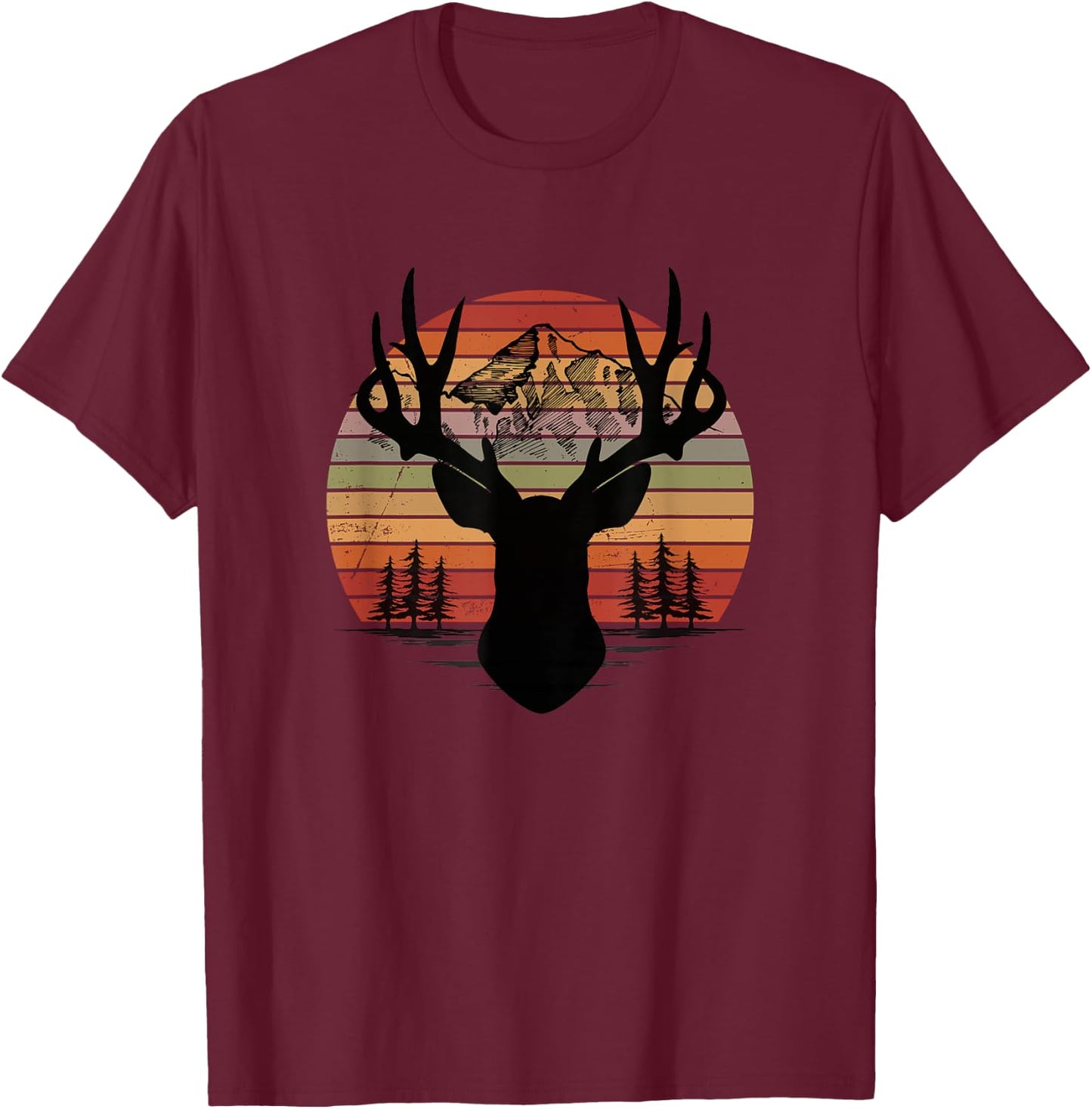 Retro Buck Sunset Deer Mountain Antlers Rustic Stag Elk T-Shirt - T-Shirt | Maroon