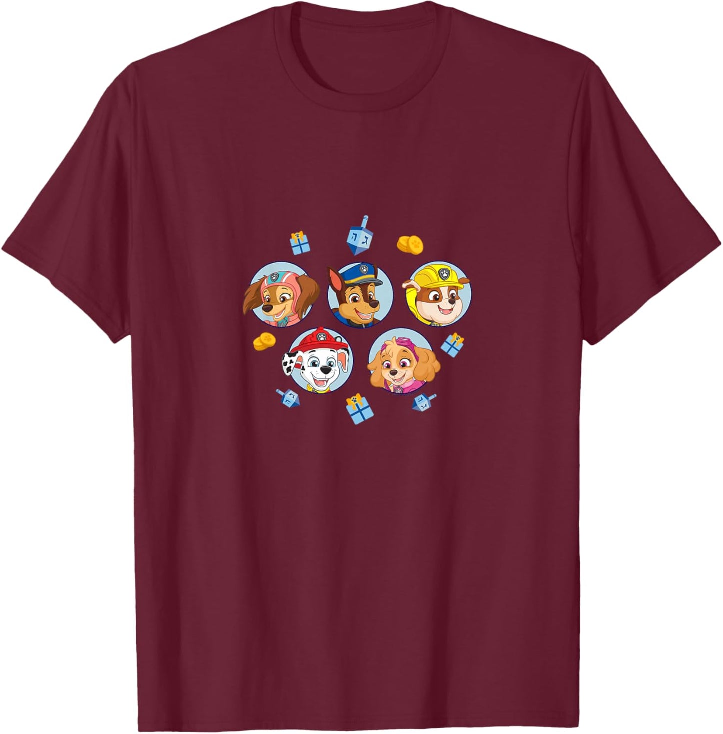 Kids PAW Patrol Hanukkah Toys & Presents Many Faces Portrait T-Shirt - T-Shirt | Maroon