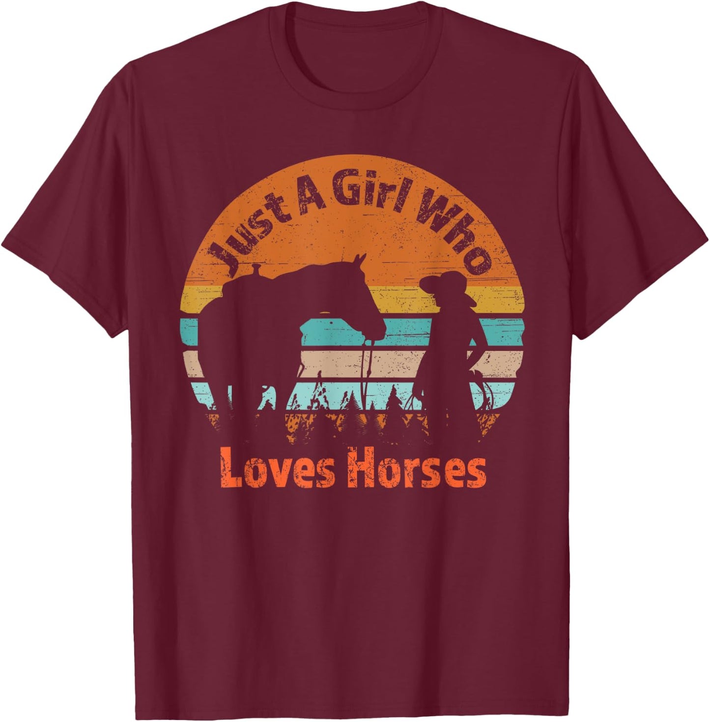 Just A Girl Who Loves Her Horse Retro Sunset Silhouette Gift T-Shirt - T-Shirt | Maroon