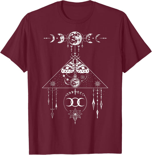 Floral Moth Butterfly Flower Celestial Geometry T-Shirt - T-Shirt | Maroon
