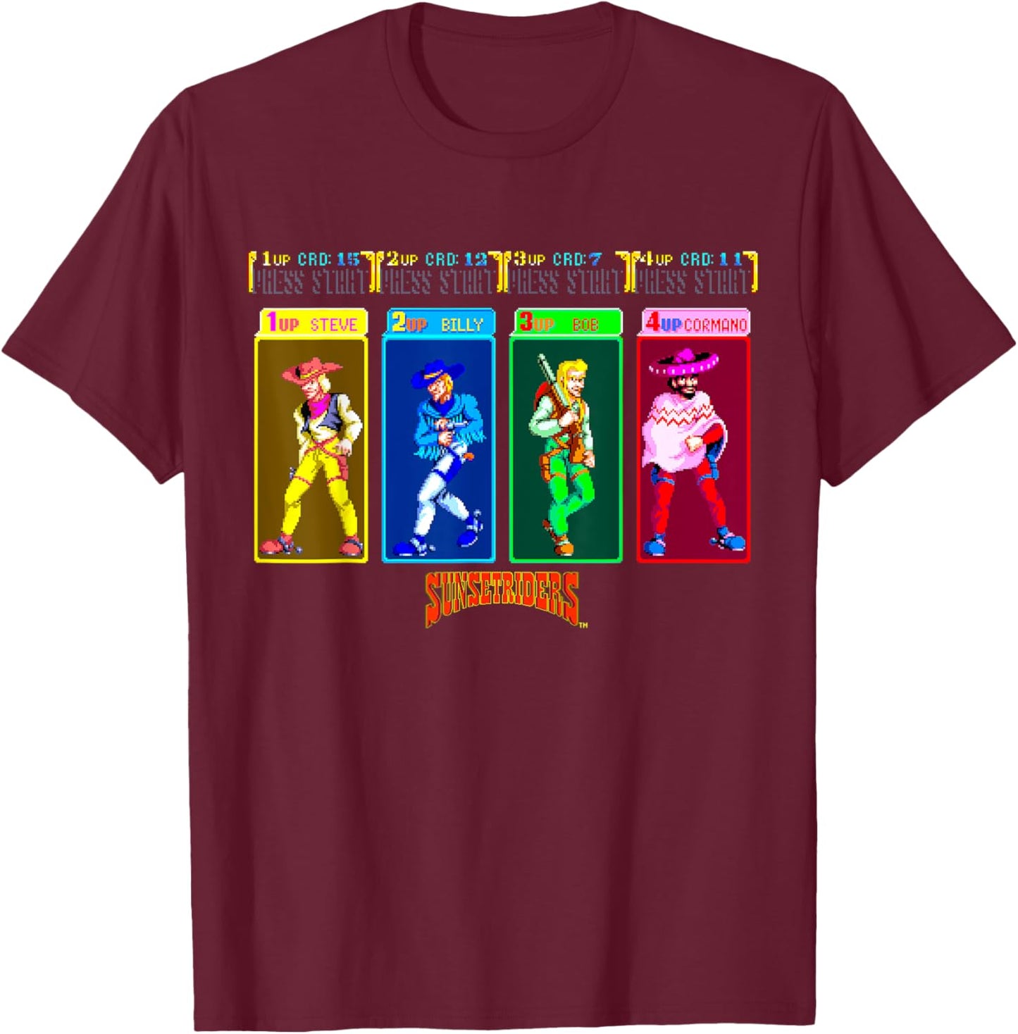 Sunset Riders Character Select Retro Western Heroes Showdown T-Shirt - T-Shirt | Maroon