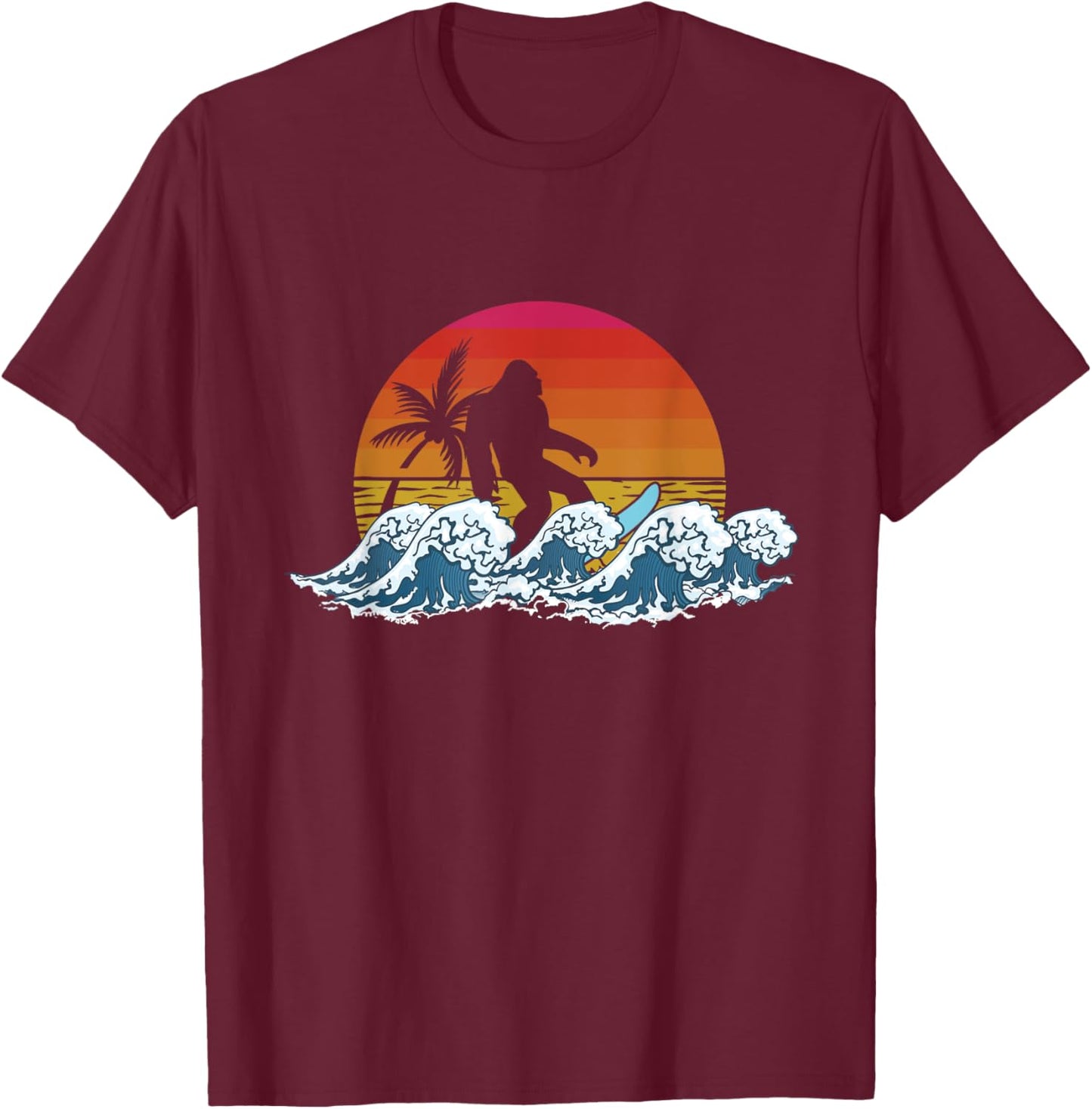 Retro Yeti Sasquatch Bigfoot Surfer | Surfing Summer T-Shirt - T-Shirt | Maroon