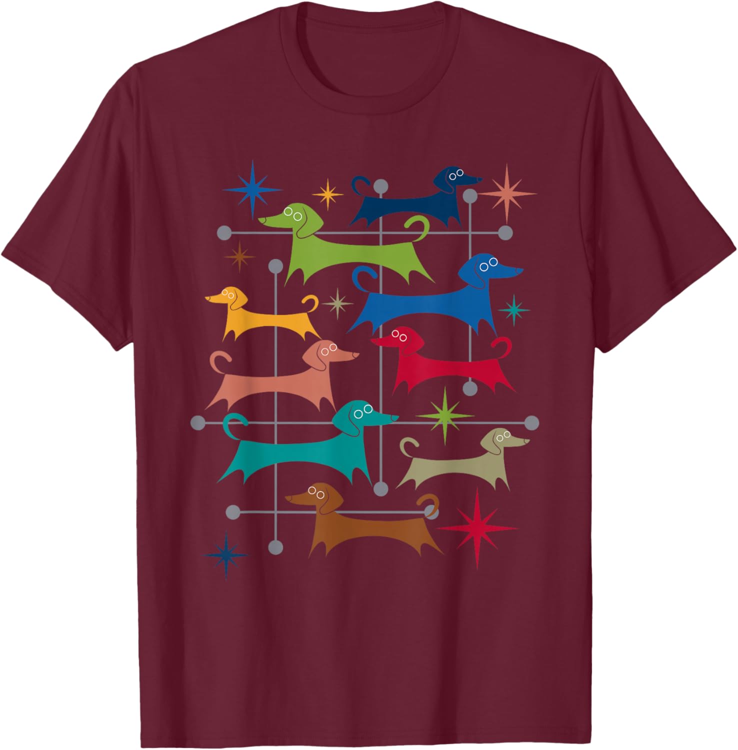 Vintage Retro Mid-Century Modern Style Dachshunds Dogs T-Shirt - T-Shirt | Maroon