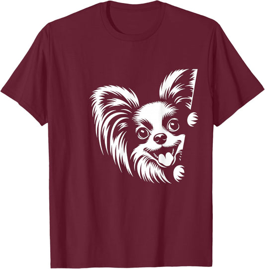Cute Peeking Papillon Dog Graphic Design T-Shirt - T-Shirt | Maroon