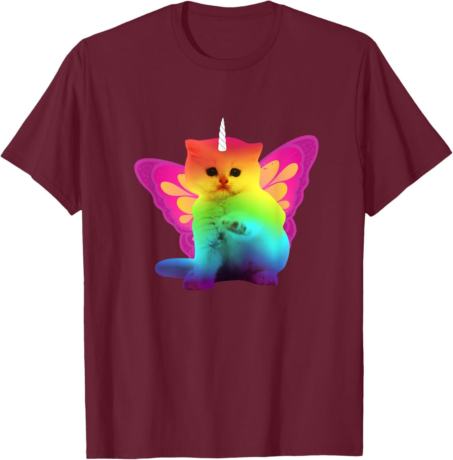 Unicorn Cat With Rainbow Butterfly Wings Men Women Girls Kids T-Shirt - T-Shirt | Maroon