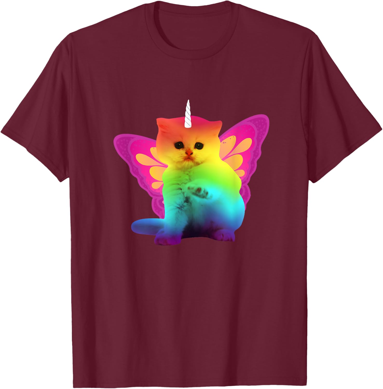 Unicorn Cat With Rainbow Butterfly Wings Men Women Girls Kids T-Shirt - T-Shirt | Maroon