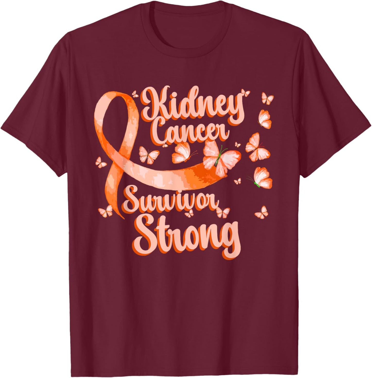 Kidney Cancer Awareness Survivor Butterfly Orange Ribbon T-Shirt - T-Shirt | Maroon