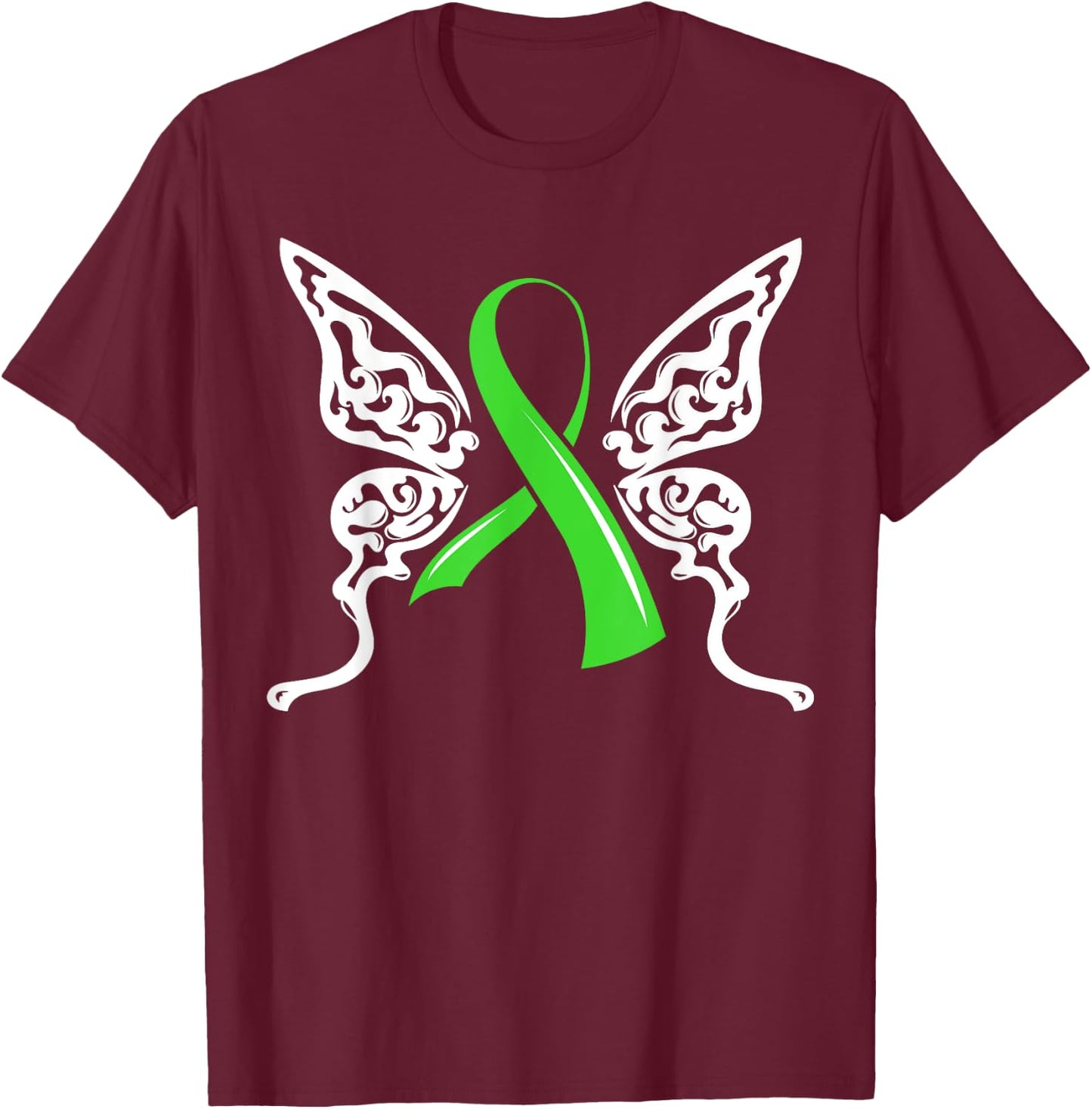 Butterfly Green Ribbon Non-Hodgkin Lymphoma Lymphocytes T-Shirt - T-Shirt | Maroon