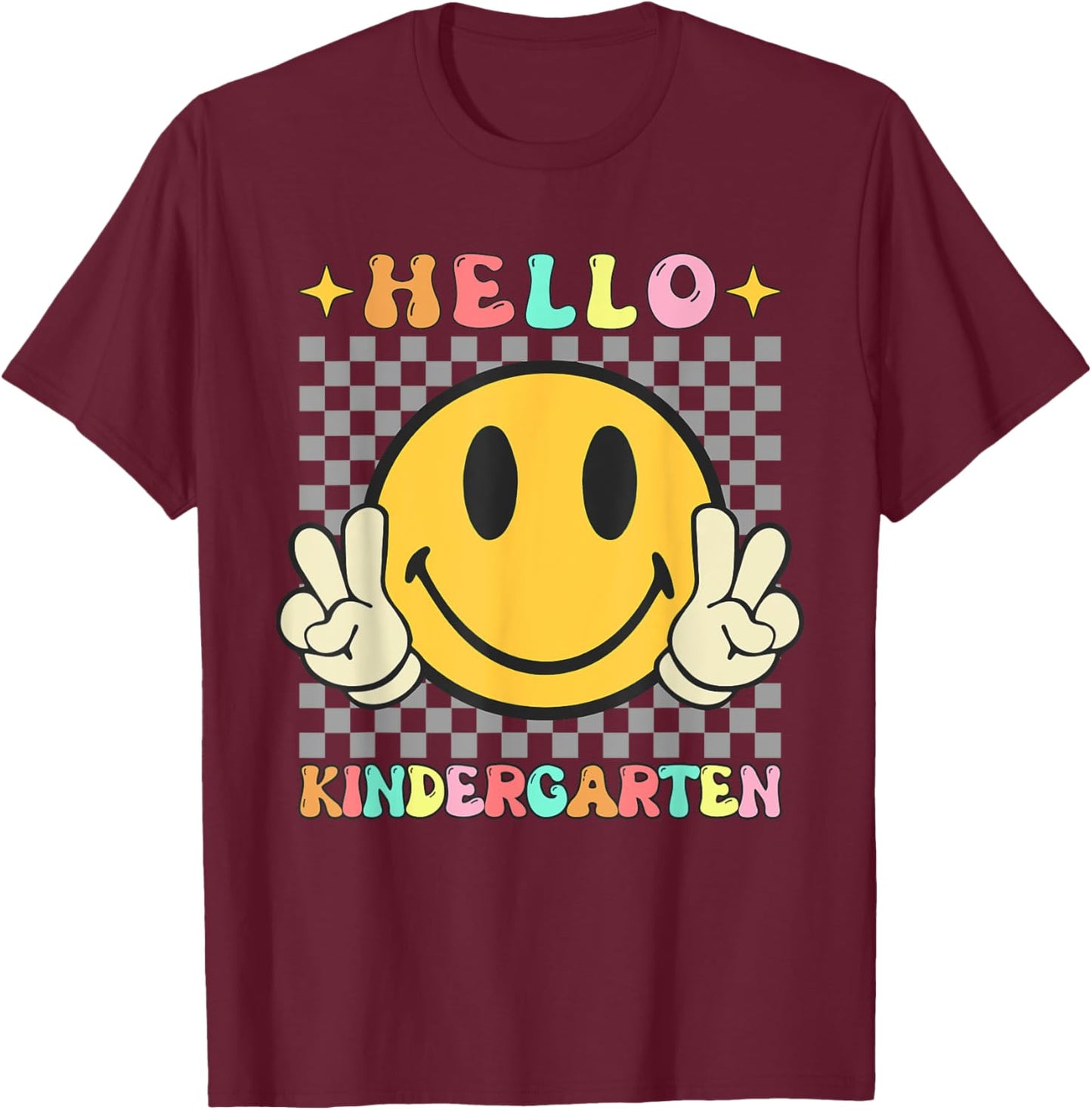 Retro Groovy Kindergarten Back to School Hello Kindergarten T-Shirt - T-Shirt | Maroon