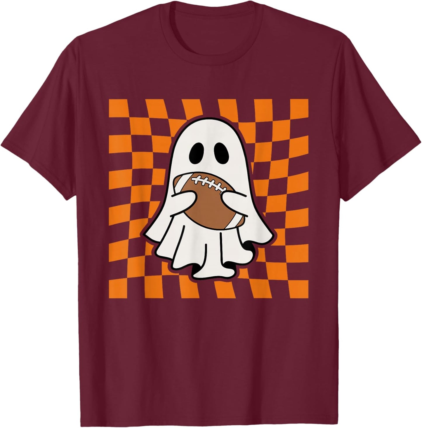 Groovy Halloween Ghost Football Checkered Boo Game Day Sport T-Shirt - T-Shirt | Maroon