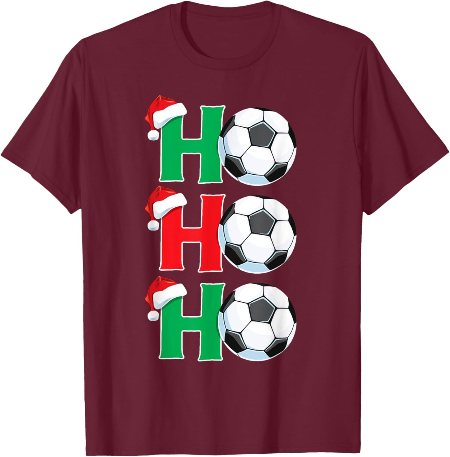 Ho Ho Ho Soccer Ball Santa Hat Boys Christmas Soccer Player T-Shirt - T-Shirt | Maroon