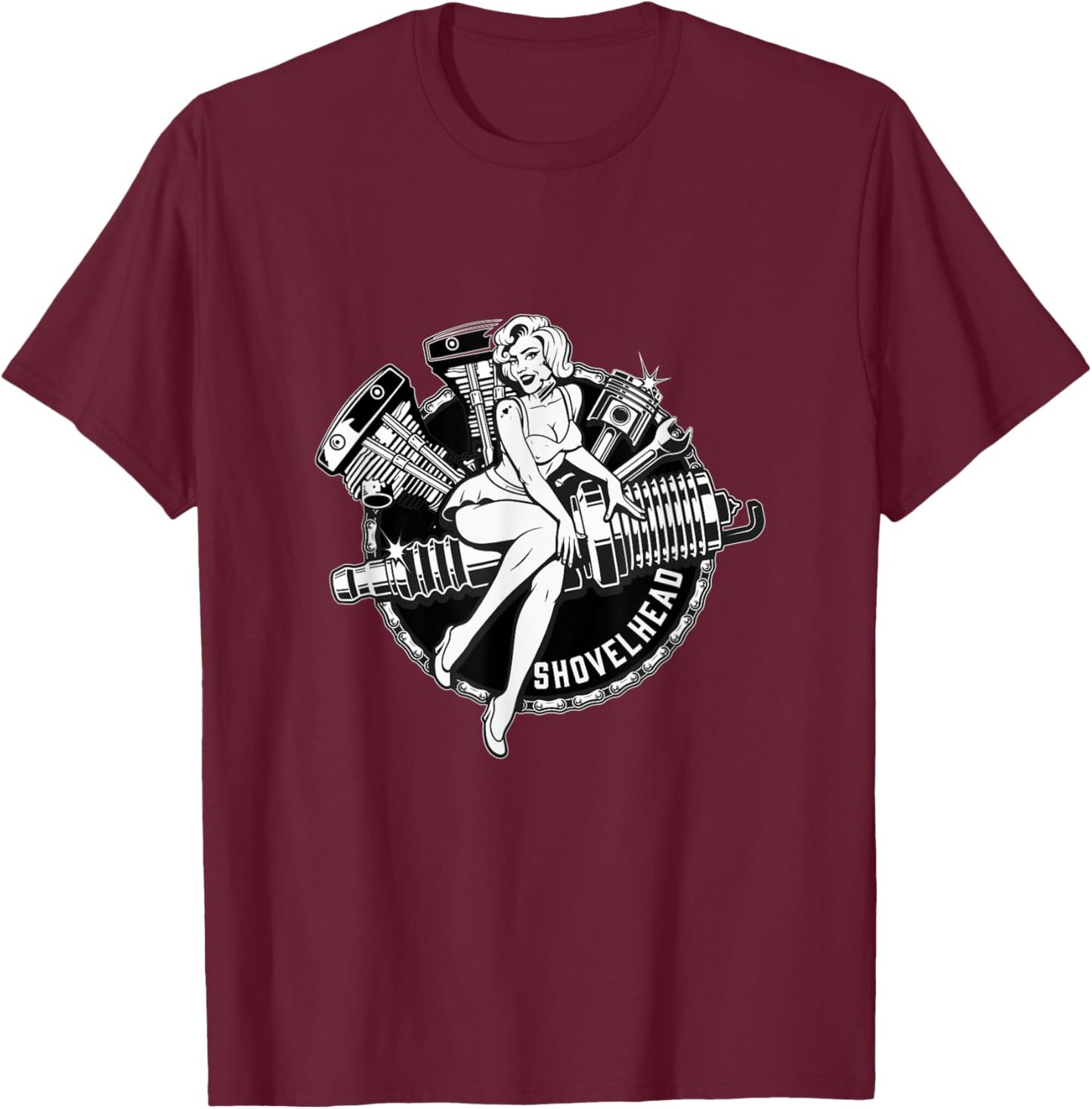 Vintage HD Motorcycle VTwin ShovelHead Engine Pin Up Retro T-Shirt - T-Shirt | Maroon