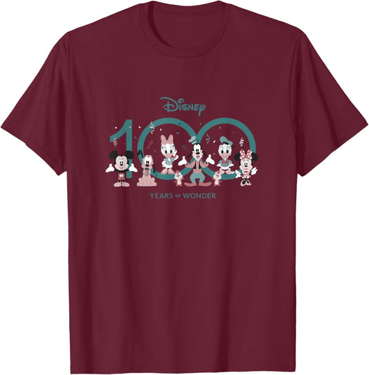 Disney 100 Years of Wonder Mickey & Pals Muted Cute D100 T-Shirt - T-Shirt | Maroon