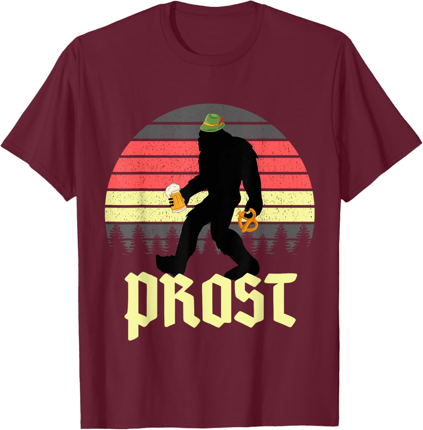 Vintage Funny Bigfoot Drinking Beer German Oktoberfest Prost T-Shirt - T-Shirt | Maroon