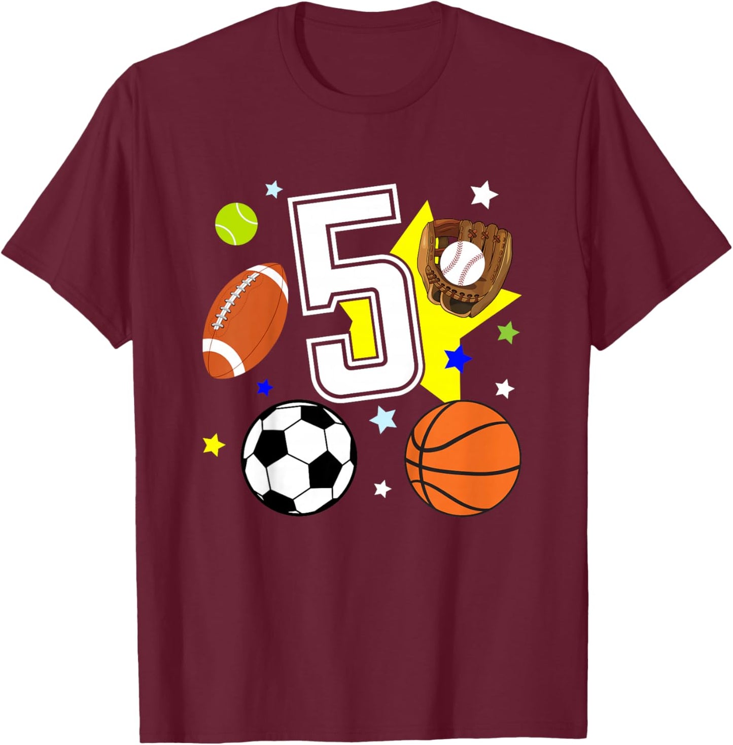 Kids 5th Birthday Sports Birthday Theme 5 Year Old Boy T-Shirt - T-Shirt | Maroon