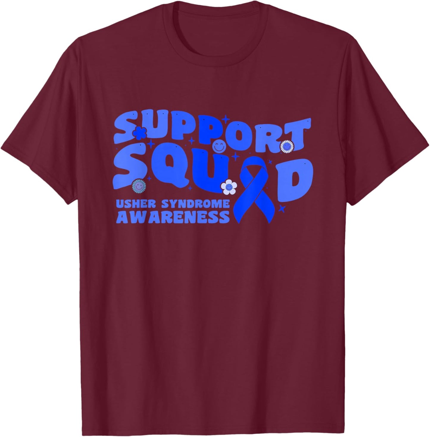 Support Squad Usher Syndrome Awareness Blue Ribbon Fighter T-Shirt - T-Shirt | Maroon