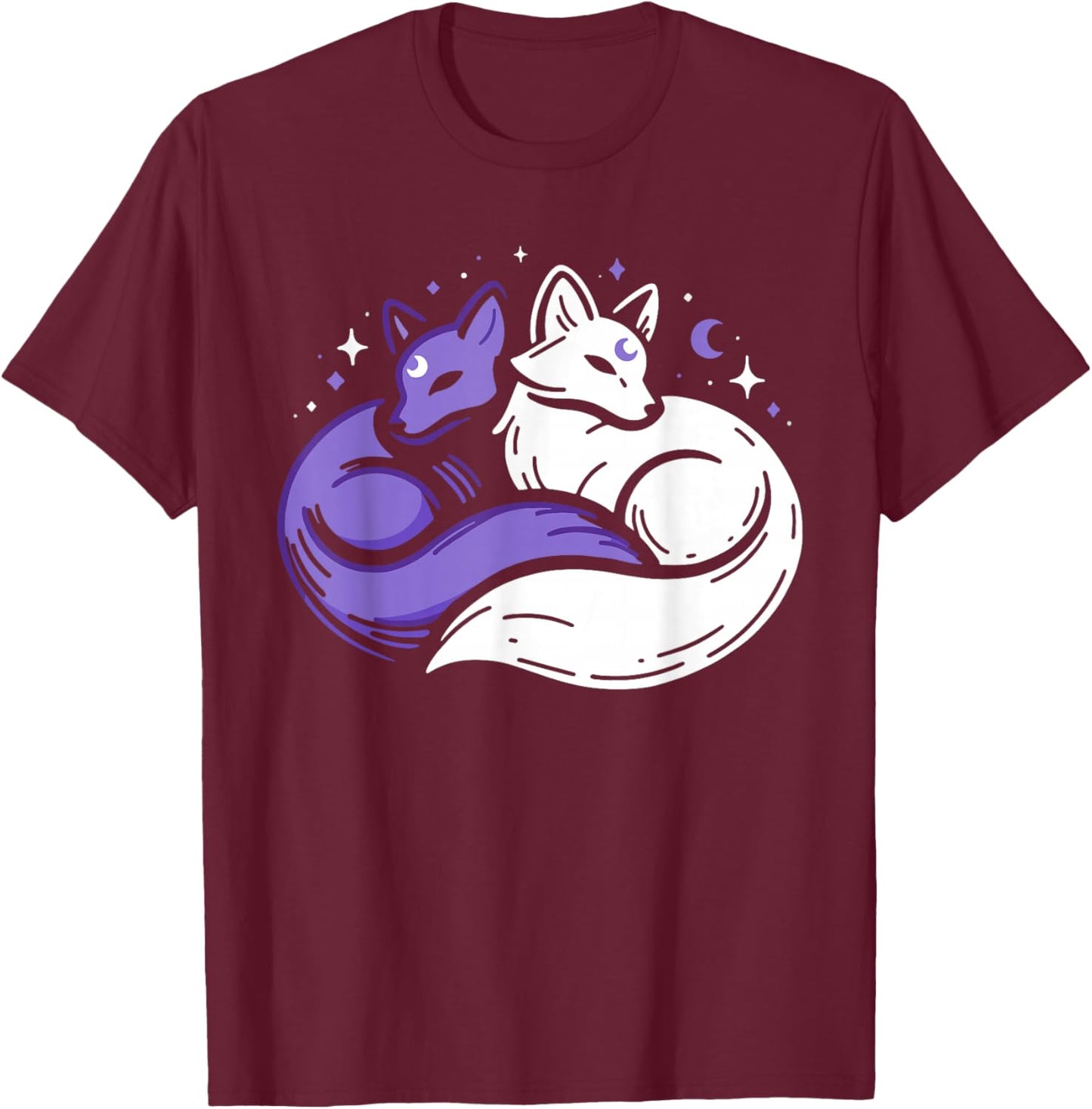 Fox Foxes Night Stars Crescent Moon Celestial Spirit Purple T-Shirt - T-Shirt | Maroon