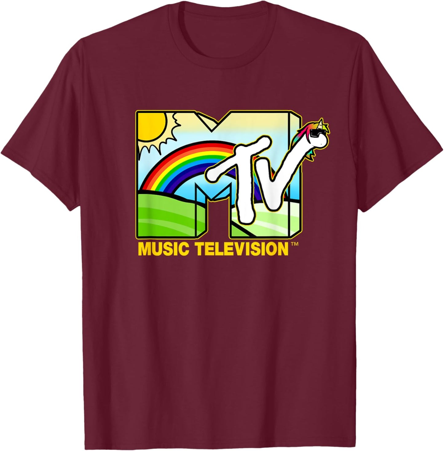 Mademark x MTV - Unicorn MTV Logo Classic Music Television T-Shirt - T-Shirt | Maroon