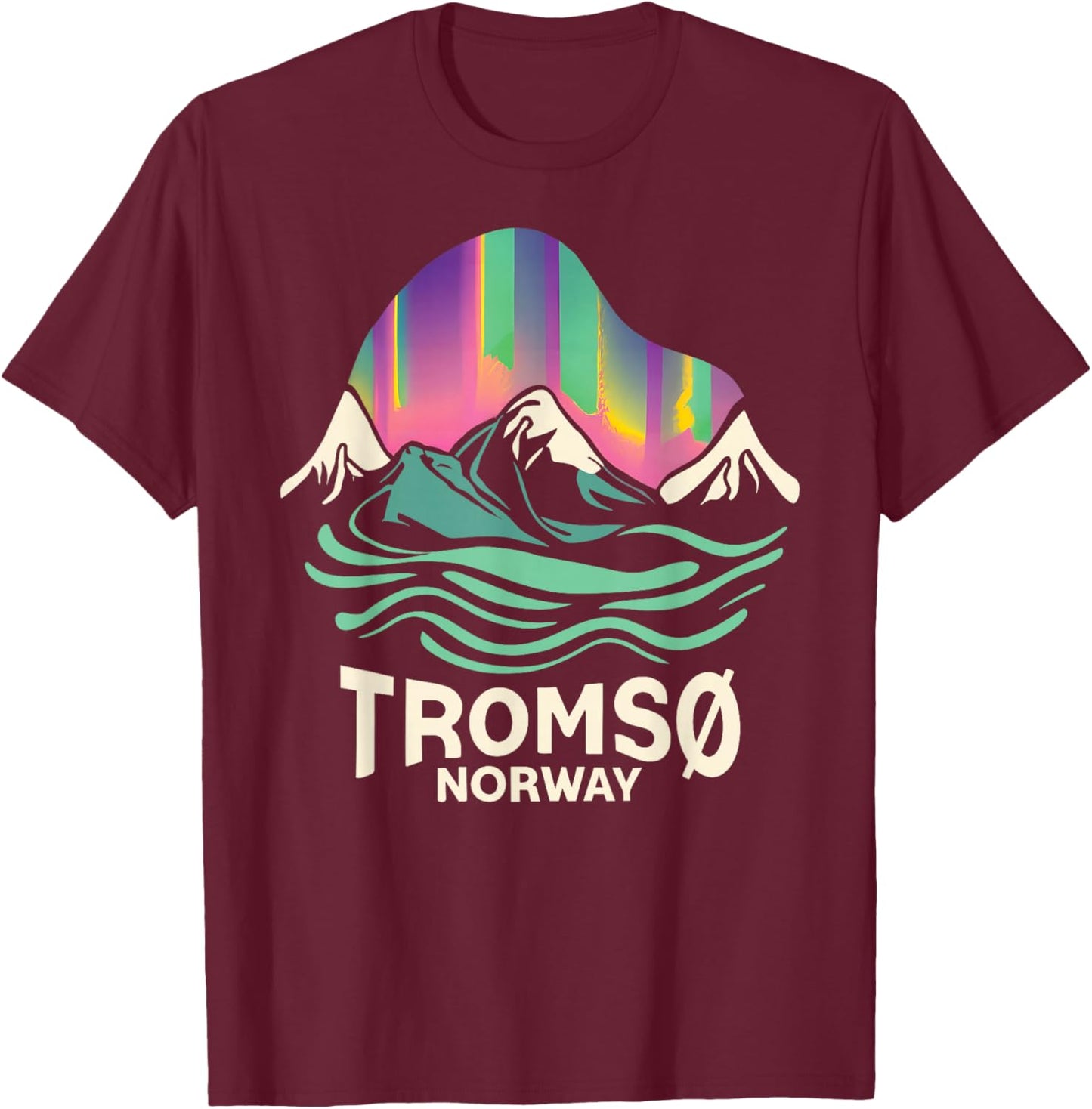 Tromso Norway Norwegian Northern Lights Snow Retro Oslo T-Shirt - T-Shirt | Maroon