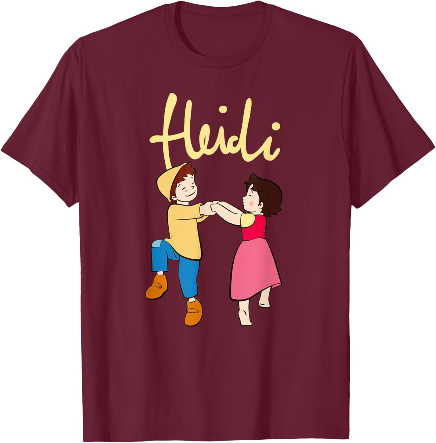 Heidi and Peter Dancing with Logo Yellow Cartoon TV Series T-Shirt - T-Shirt | Maroon