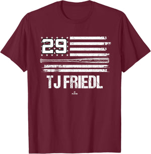 USA Flag Bat TJ Friedl Cincinnati Baseball MLBPA T-Shirt - T-Shirt | Maroon