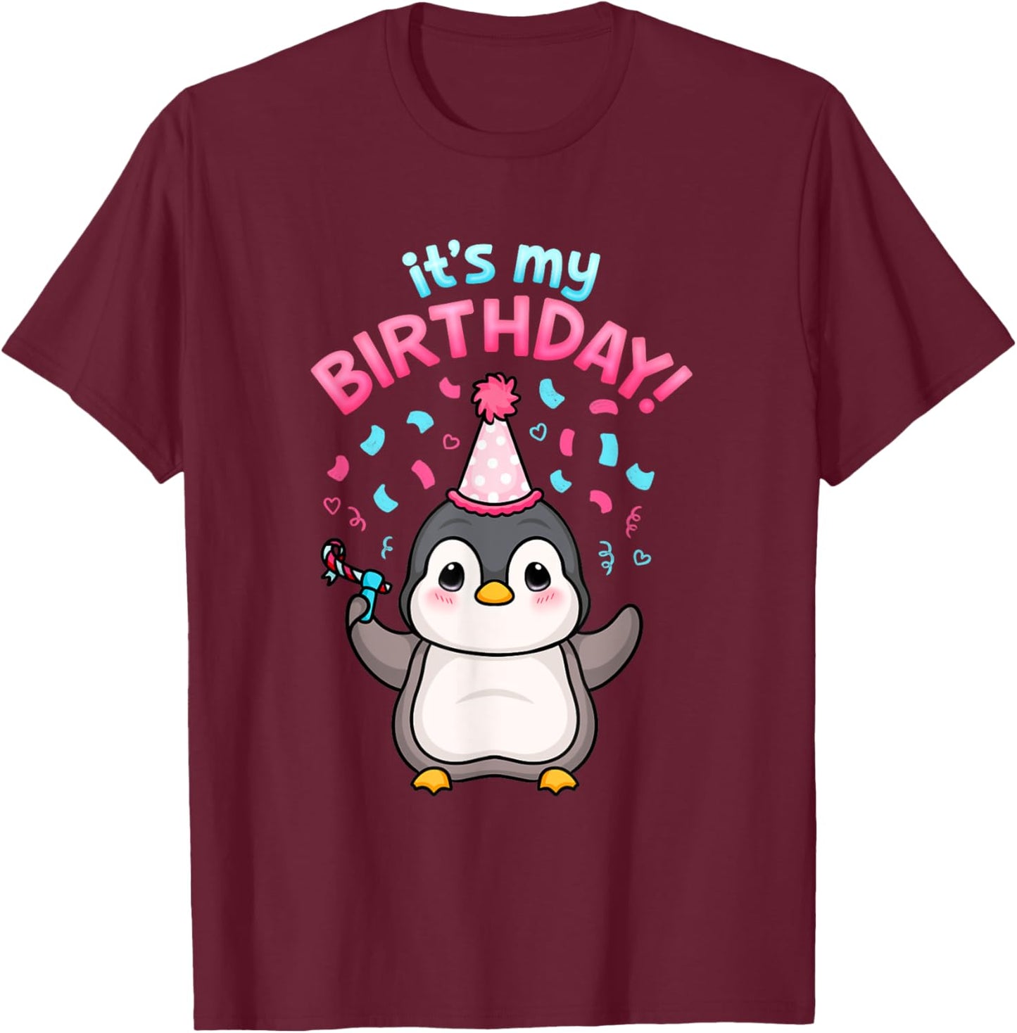 It's My Birthday Cute Penguin Party Ocean Seabird Lover Kids T-Shirt - T-Shirt | Maroon