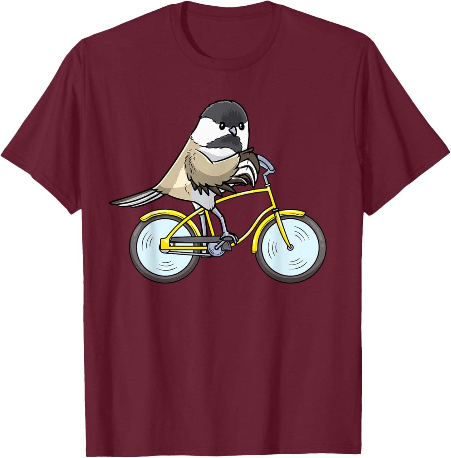 Black Capped Chickadee On Bike Birding Birder Bird Watching T-Shirt - T-Shirt | Maroon