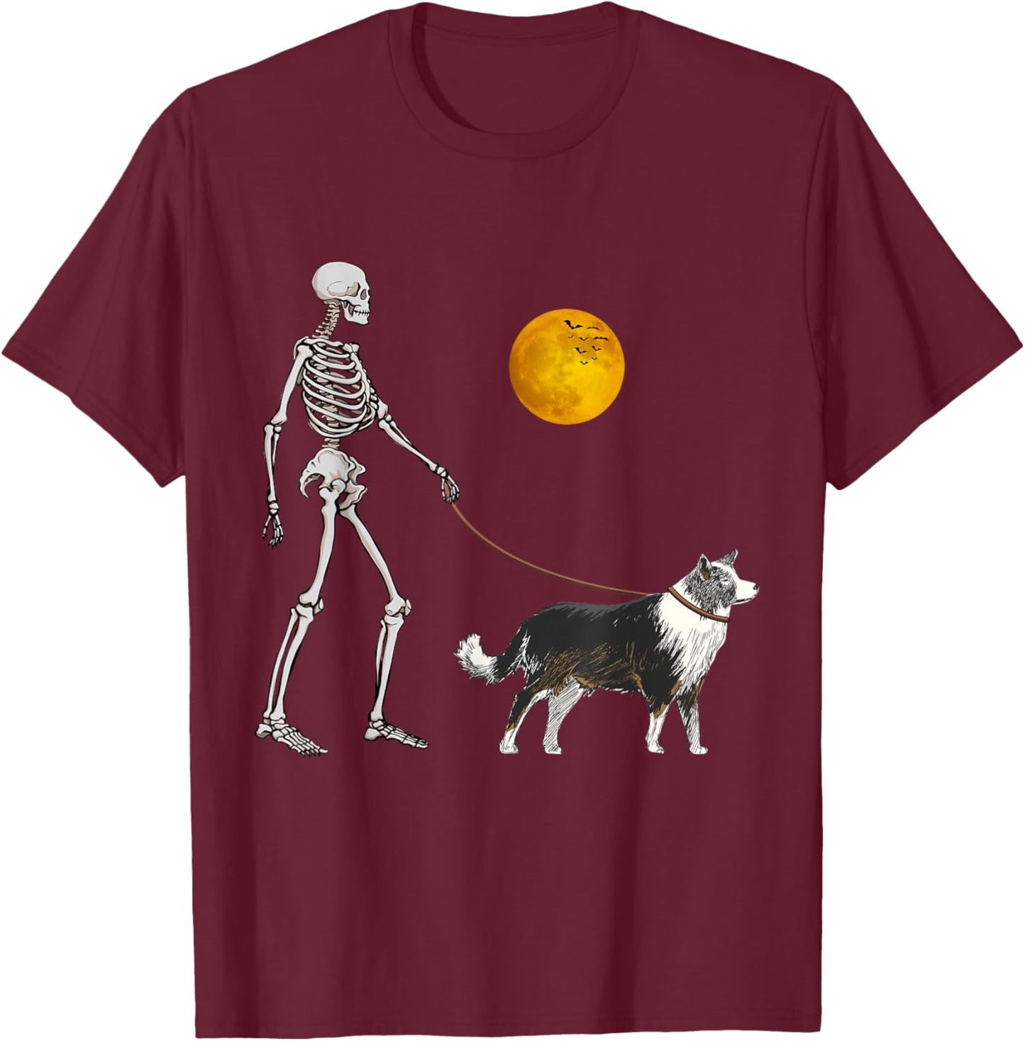Border Collie Skeleton Dog Walking Halloween Costume Women Girls Kids T-Shirt - T-Shirt | Maroon