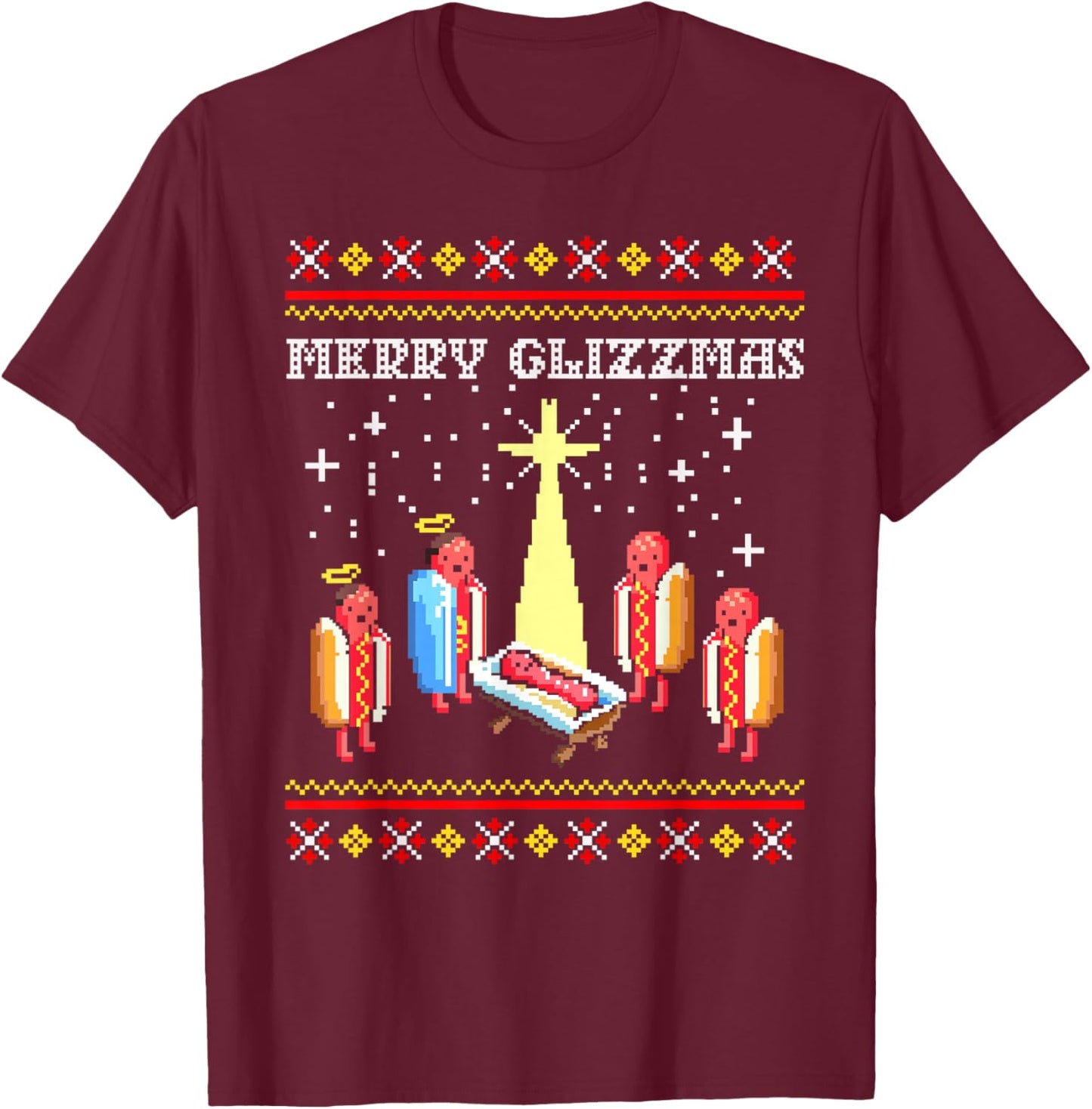 Funny Merry Glizzmas Hot Dogs Family Group Ugly Christmas T-Shirt - T-Shirt | Maroon