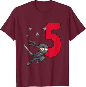 Kids 5th Birthday Boy Gift Ninja Shirt For Boys five Years T-Shirt - T-Shirt | Maroon