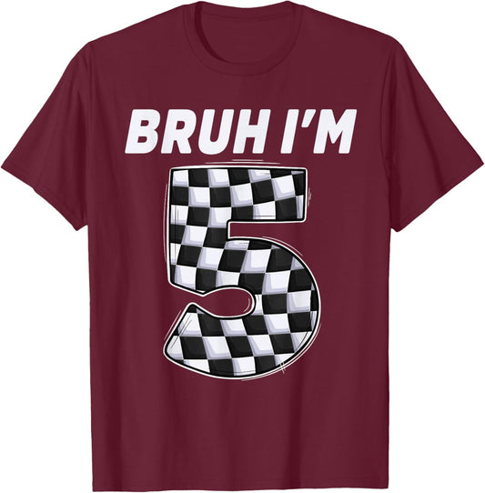 Bruh i'm 5 year old Boy two car racing 5th birthday race car T-Shirt - T-Shirt | Maroon