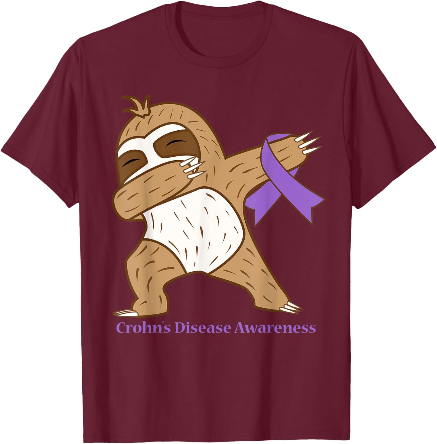 Crohn's Disease Awareness Ribbon Dabbing Sloth Warrior Gift T-Shirt - T-Shirt | Maroon
