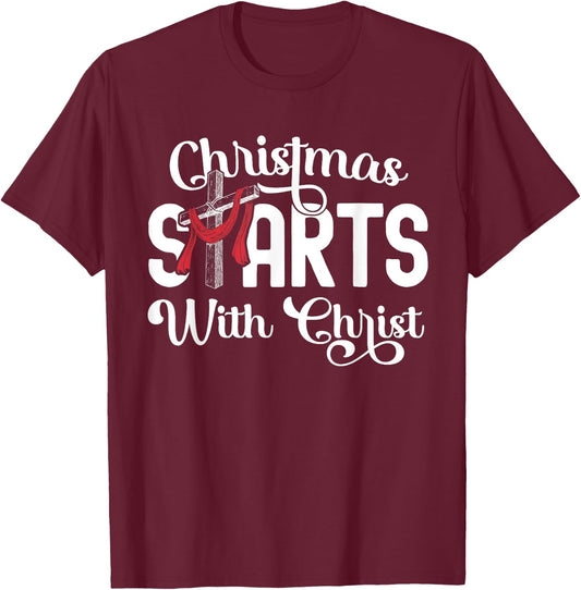 Christmas Starts With Christ Cross Jesus Christian T-Shirt - T-Shirt | Maroon