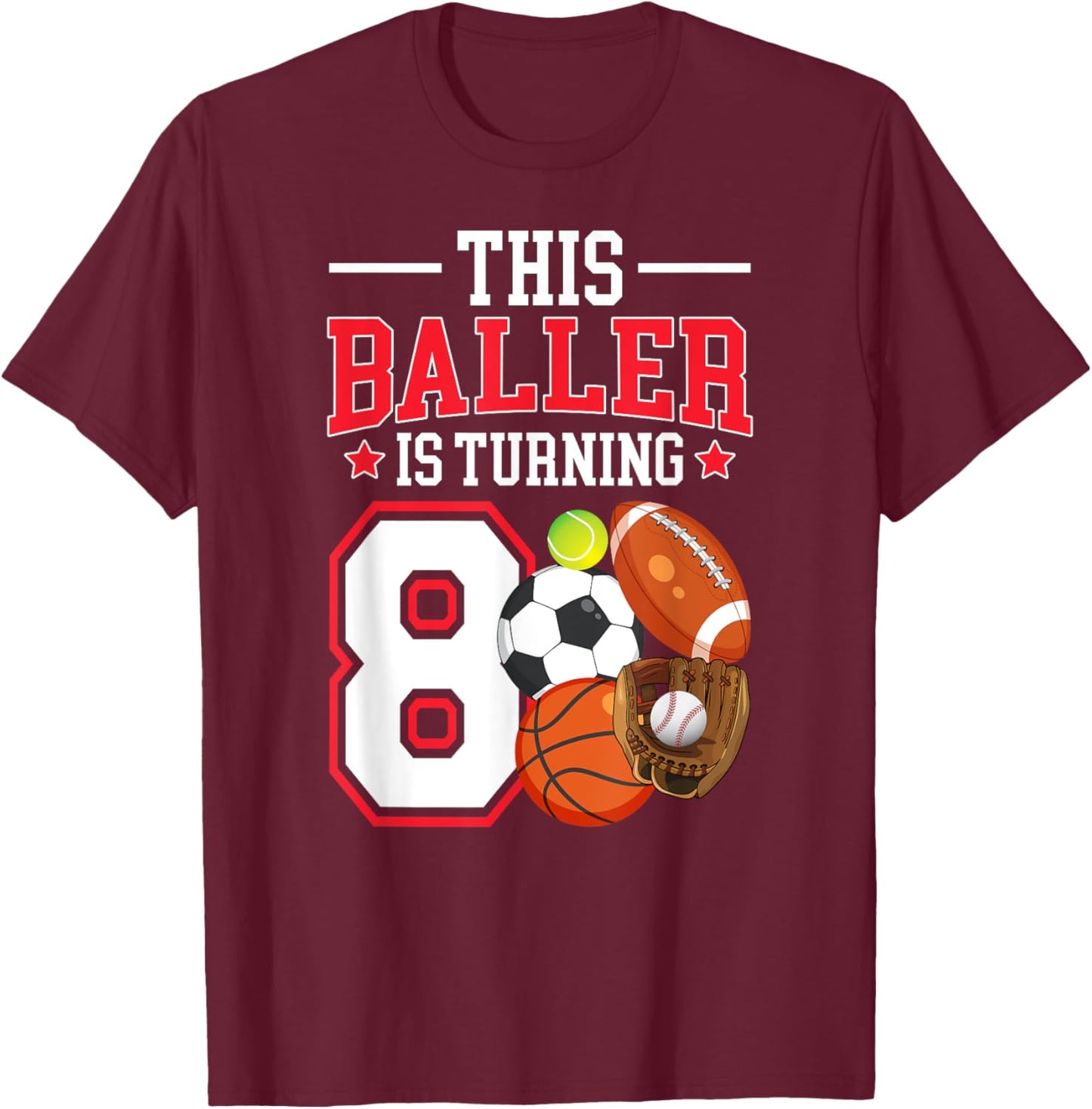 8th Birthday Sports Birthday Theme 8 Year Old Boy T-Shirt - T-Shirt | Maroon