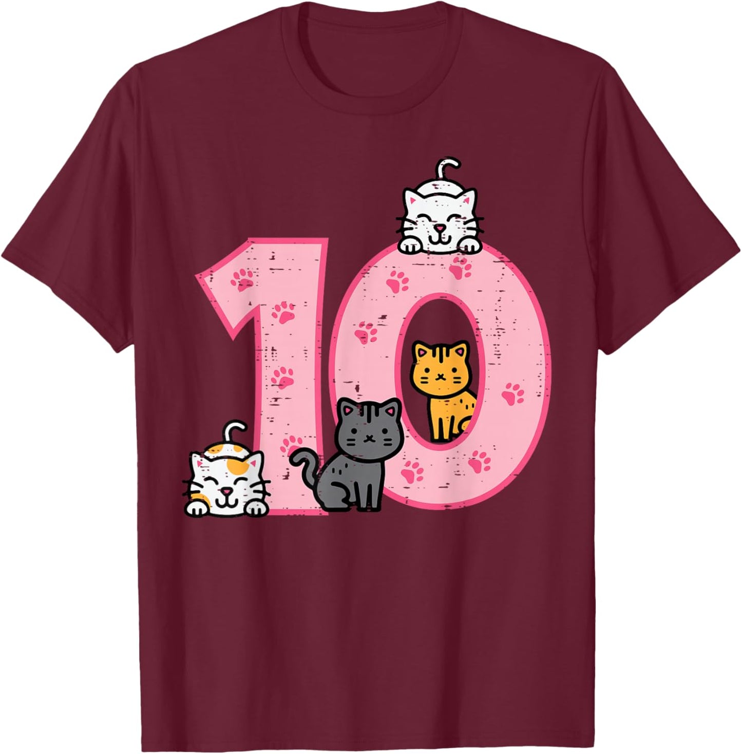 10th Birthday Cats On Number 10 Kawaii Bday Kitten Girls Kid T-Shirt - T-Shirt | Maroon
