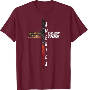 Cross With Flag USA America God Shed His Grace on Thee T-Shirt - T-Shirt | Maroon