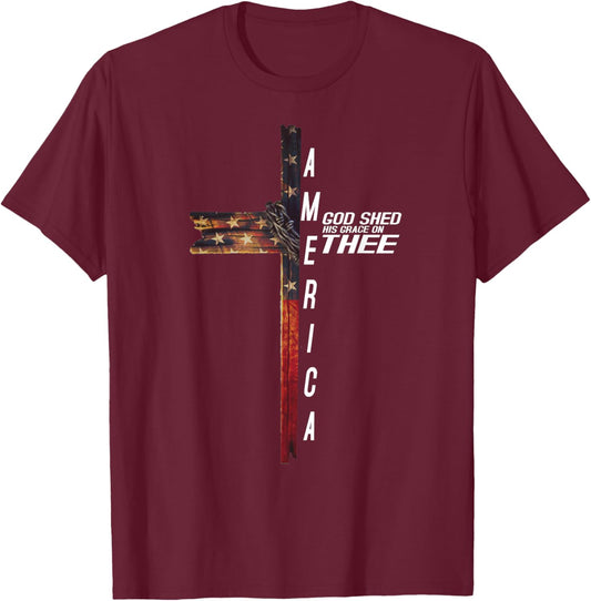 Cross With Flag USA America God Shed His Grace on Thee T-Shirt - T-Shirt | Maroon