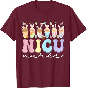 NICU Nurse Easter Bunny Neonatal Intensive Care Unit Easter T-Shirt - T-Shirt | Maroon