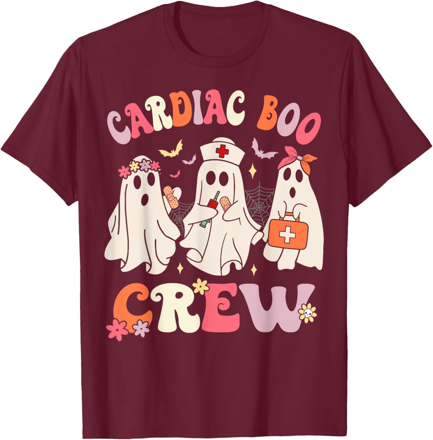 Halloween Cardiac Boo Crew Cardiology Nurse Ghost T-Shirt - T-Shirt | Maroon